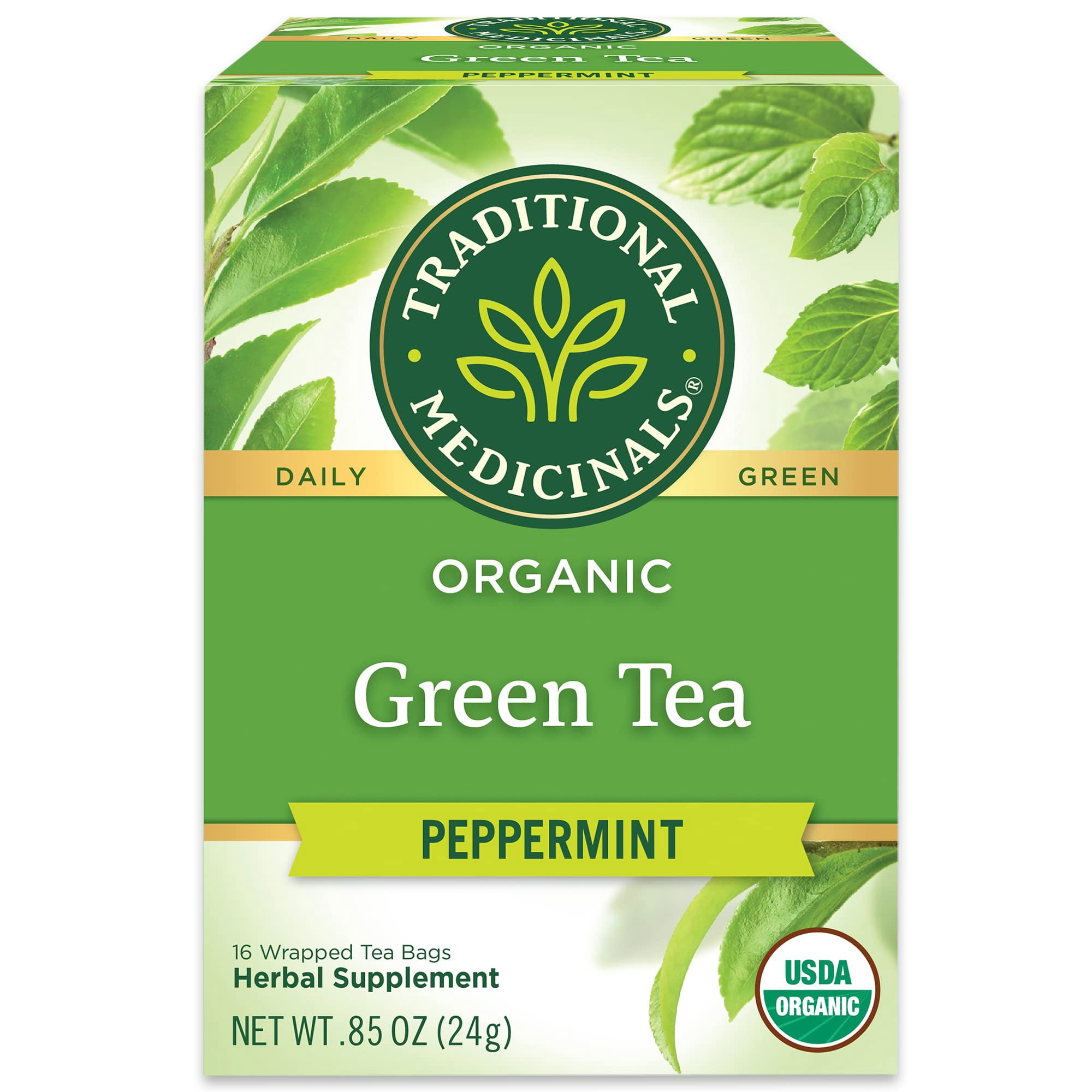 Traditional Medicinals Organic Green Tea Peppermint Herbal Tea, Alleviates Digestive Discomfort, (Pack Of 3) - 48 Tea Bags Total