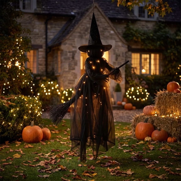 Halloween Decorations Outdoor, Lighted Hanging Flying Ghost Witch with Built-in LED Lights, Pumpkin Head Witch With Broomstick Decor, Floating Gauze Ghost for Tree, Porch, Yard, Patio, Black
