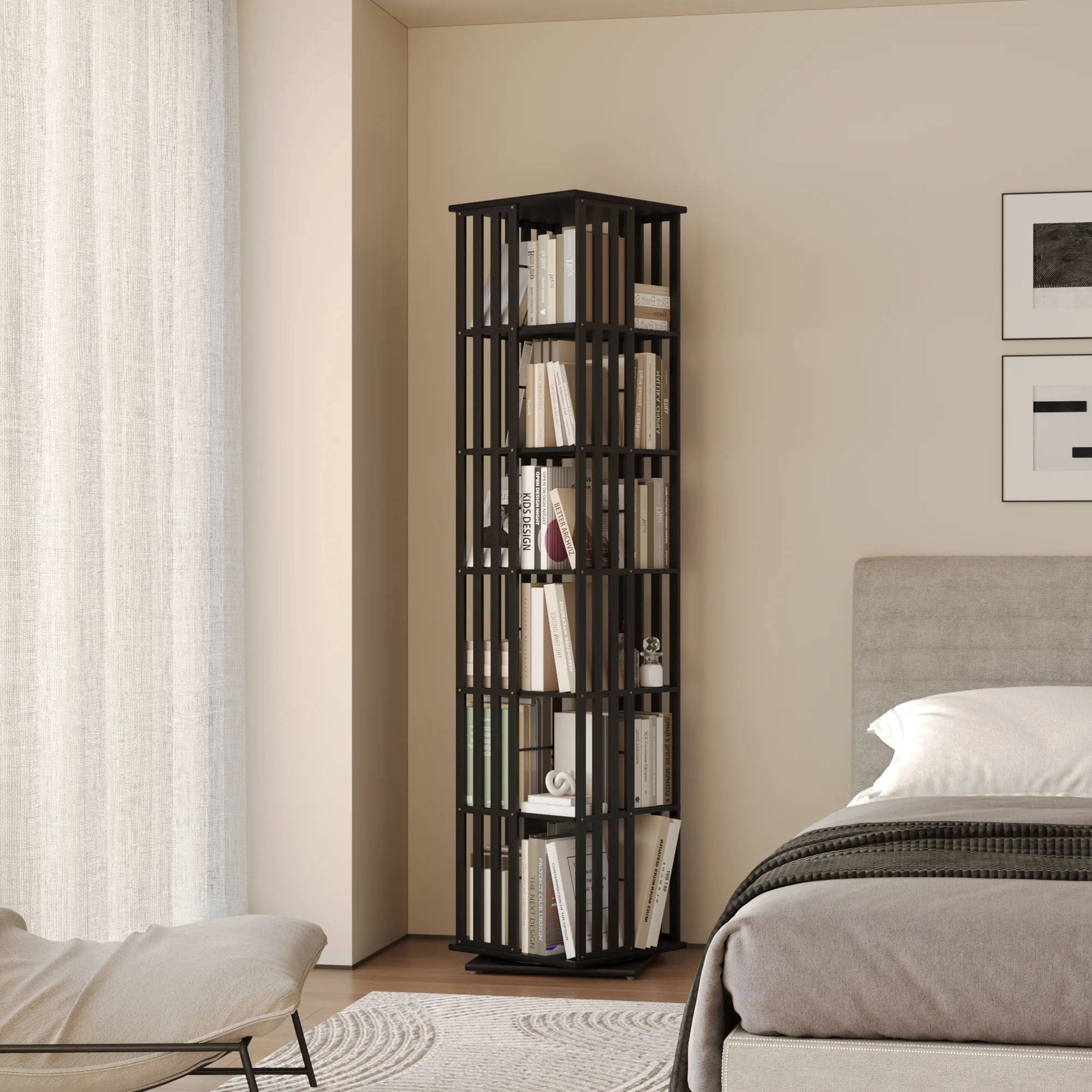 YOWOS 6-Tier Bamboo Rotating Bookcase Tower, 360° Swivel Corner Bookshelf with Display Organizer & Floor Storage Rack, Narrow Space-Saving Design, Black