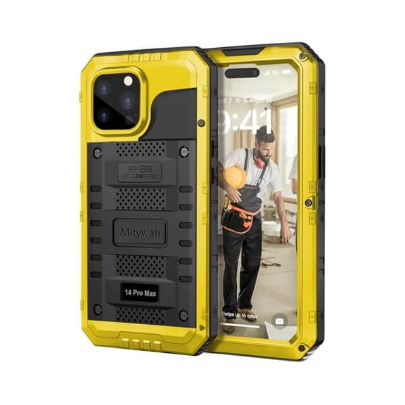 Waterproof Case for iPhone 14 Pro Max, Heavy Duty Shockproof Case with Built-in Screen Protector, Full Body Underwater Protective Metal Case 6.7 inch, Yellow