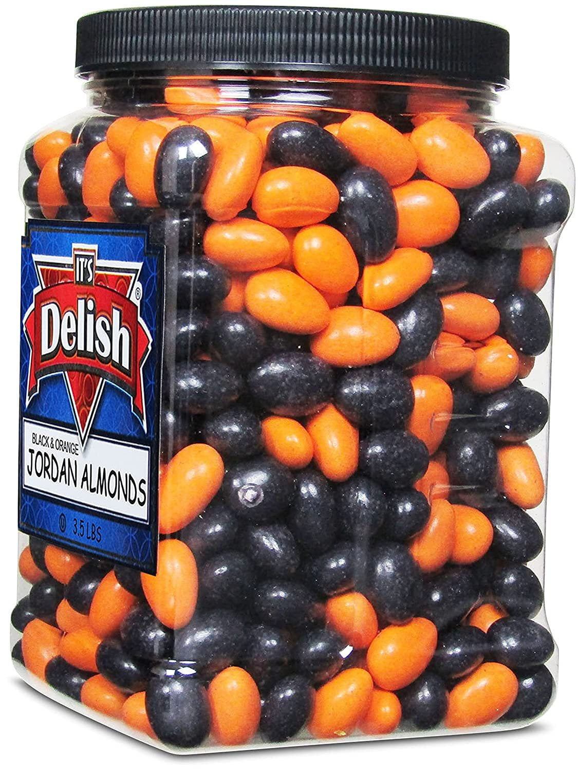 Halloween Black & Orange Jordan Almonds by Its Delish, 3.5 lbs Jumbo Reusable Container  Sugared Almond Nut with Sweet Hard Candy Coating - Perfect for Wedding, Bridal and Baby Showers, Party -...
