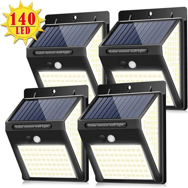 Lámpara solar de 4 piezas Luz de pared exterior de inducción solar impermeable para el cuerpo humano 140 LED Tres lados 144 LED Luz de calle exterior Luz de jardín Luz de pared solar 60 + 40 + 4OLED (140 LED), 4 piezas Sailing Electrónica