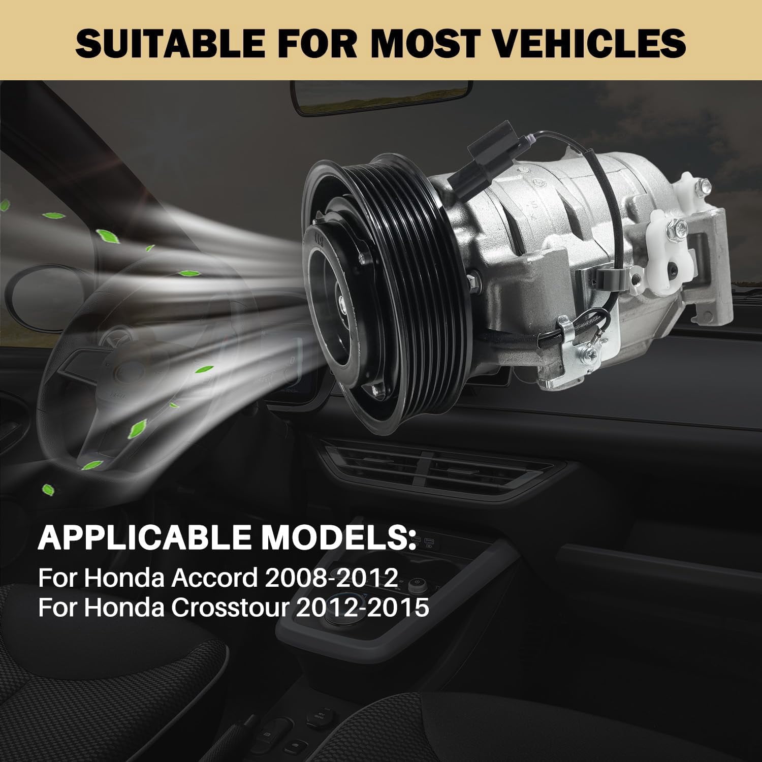 Air Conditioner AC Compressor Fits for Honda Crosstour 2.4L 2012-2015, for Honda Accord 2.4L 2008-2012, with A/C Clutch, CO11224C AC Compressor, Replaces 38810R40A01, 38900R40A01, 38924R40A01