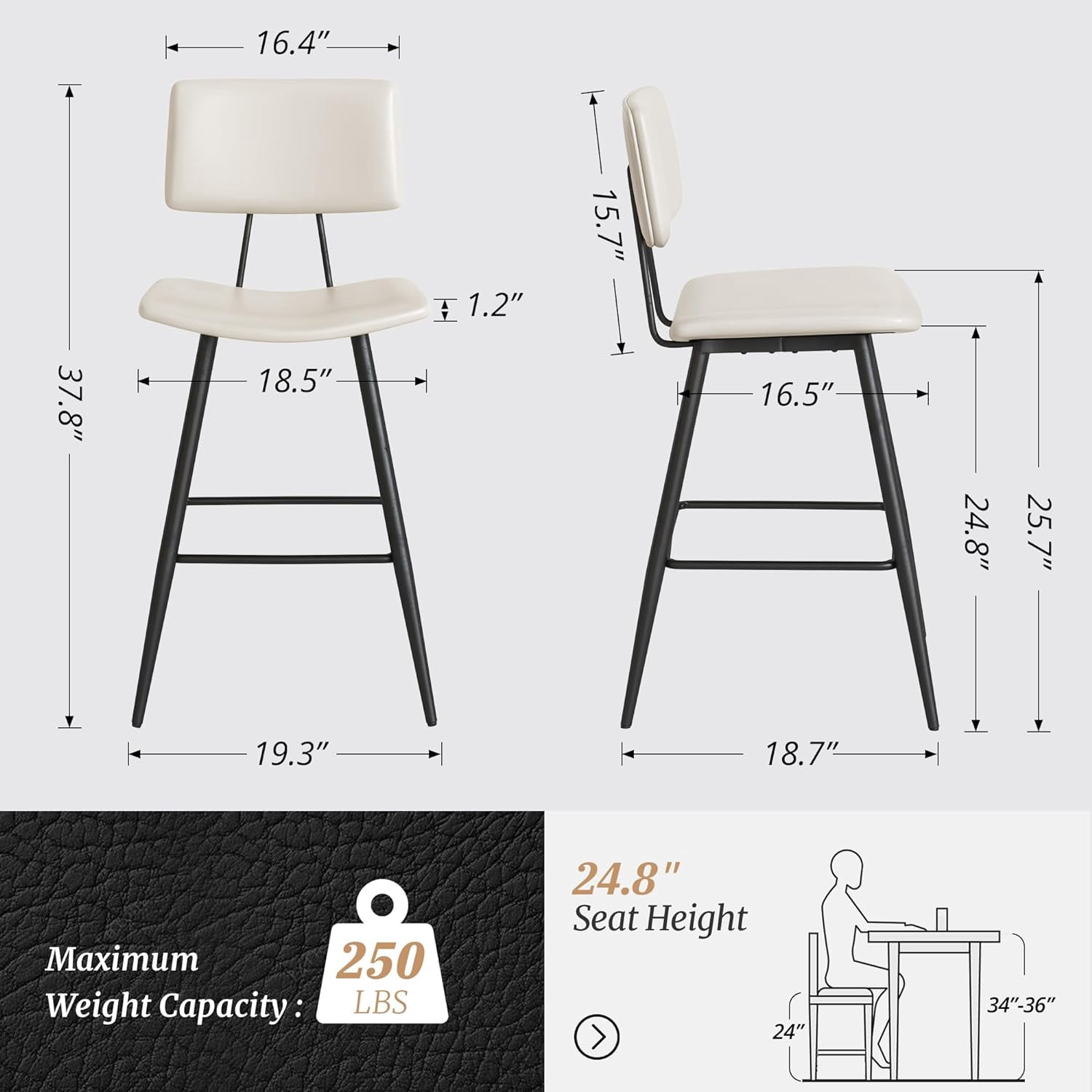Dycanpo 24.5" Counter Height Bar Stools Set of 4, Faux Leather Upholstered Barstools, White