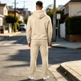 thumbnail image 4 of Garbnen Fleece Men's Hoodie Tracksuits 2 Pieces Long Sleeve Drawstring Pullover Hoodies and Sweatpants Workout Athletic Fluffy Flannel Fuzzy Mens Track Suit Beige, 4 of 7