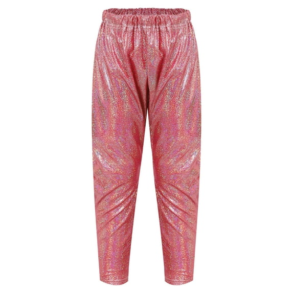 YIZYIF Kids Girls Boys Shiny Metallic Trousers Gymnastics Athletic Harem Pants Jazz Hip Hop Dance Costume
