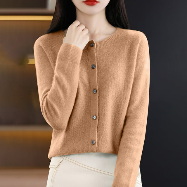 Baberdicy Haut en Tricot Uni pour Femme, Cardigan à Col Rond Ouvert à l'Avant, Cardigan Uni à Col Rond, Chandail en Tricot Décontracté, Haut de Tous les Jours Kaki P