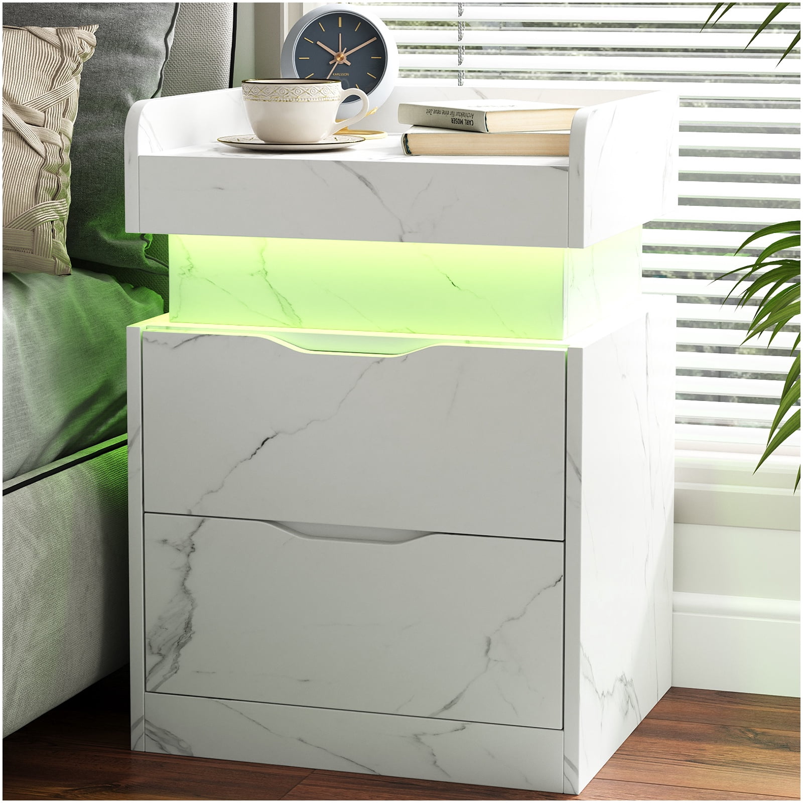 Nightstand with Charging Station, White Bedside Table LED Modern Nightstand with 3 Hidden Drawer for Bedroom Living Room,White Marbled