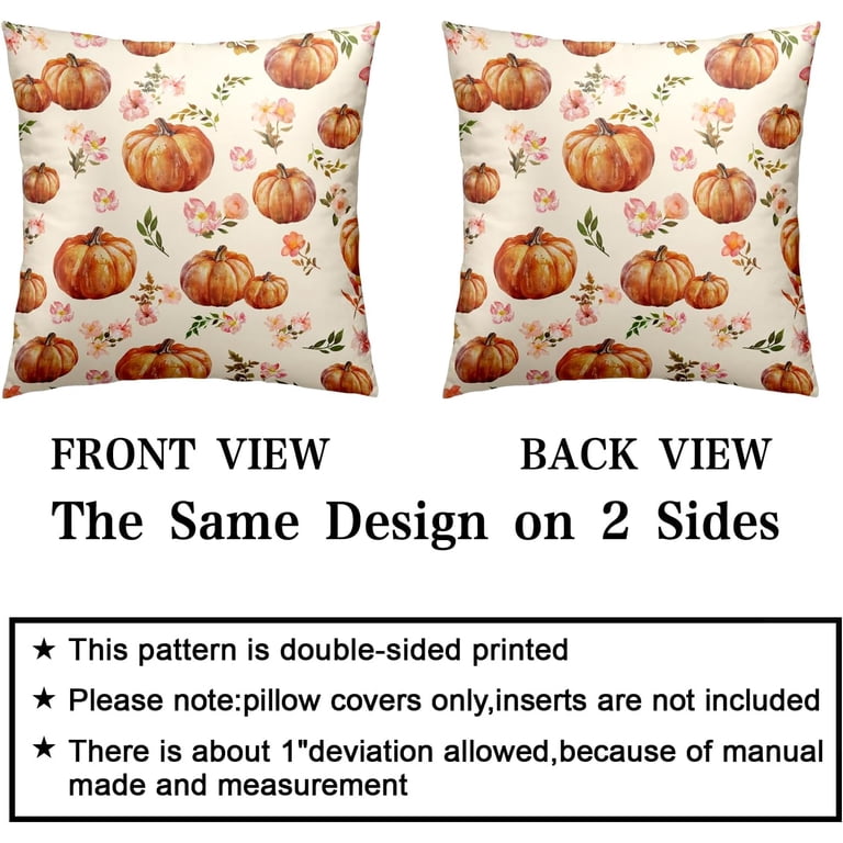 Set Of 2 Fall Pillow Covers 18x18 - Pumpkin & Floral Pattern, Thanksgiving Farmhouse Decor