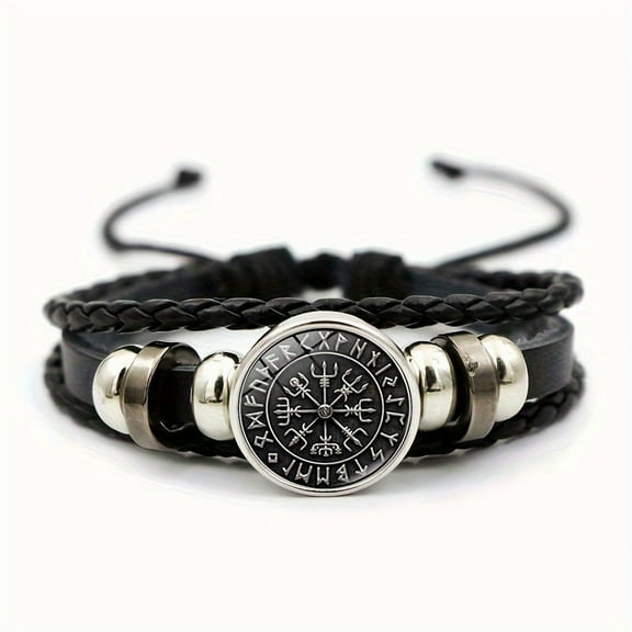 Norse Viking Compass Faux Leather Bracelet - Handmade Multi-Layer Beaded Wristband with Runic Inscriptions, Gift in Black, Brown, or Blue, Viking Jewelry,Black