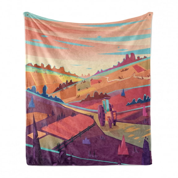 Rural Soft Flannel Fleece Throw Blanket, Graphical Landscape of a Countryside Field Agricultural Plantation Harvest Season, Cozy Plush for Indoor and Outdoor Use, 50" x 60", Multicolor, by Ambesonne