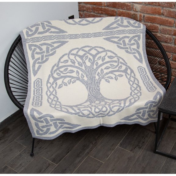 SAOL Knit Throw Blanket Aran Tree of Life Decorative Cover for Bed Sofa Couch Soft Wool Blend (Grey, 71"L x 47"W)