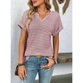 thumbnail image 3 of Womens Dressy Casual Cap Short Sleeve Tops Trendy Summer V Neck Loose Striped T Shirts Blouses Wine Red XL, 3 of 7