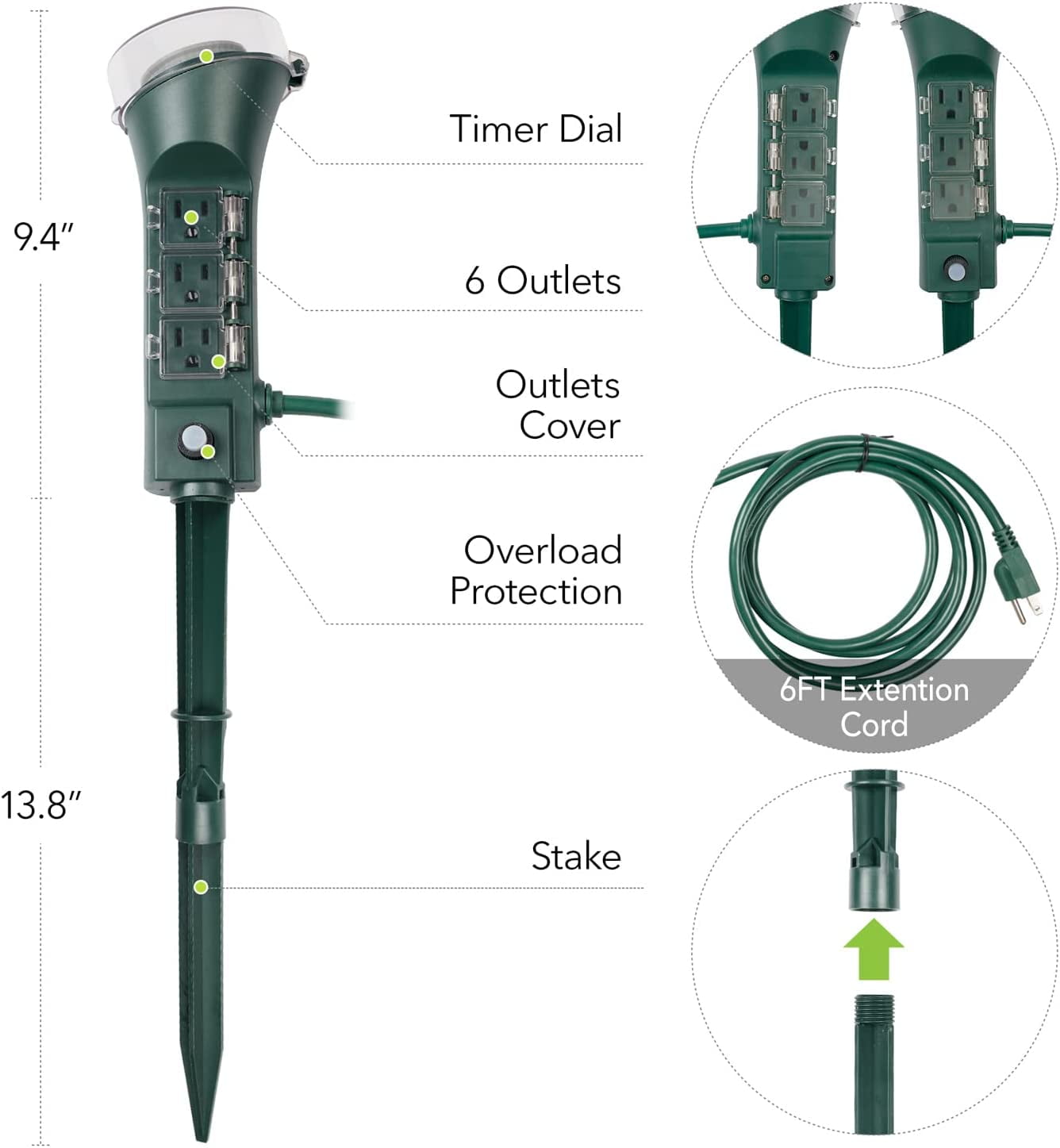 BN-LINK 7 Day Heavy Duty Outdoor Digital Stake Timer, 6 Outlets, Weatherproof, BNC-U3S, Perfect for Outdoor Lights, Sprinklers, Christmas Lights