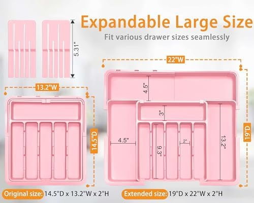 Silverware Organizer - Expandable Large Kitchen Drawer Organizer Utensil Organizer with 2 Knife Block Inserts, 22"x 19"Cutlery Tray with Drawer Dividers for Kitchen Flatware (Pink)