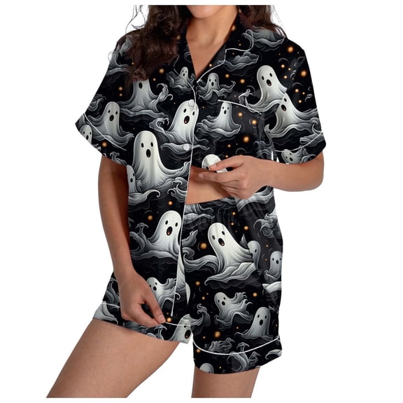 Halloween Pjs Set for Women Lounge Sets 2 Piece Ghost Pumpkin Print Short Sleeve Button Down Fluffy Sleepwear with Short Weightless Relaxed Fit Cute Pj Sets Woman