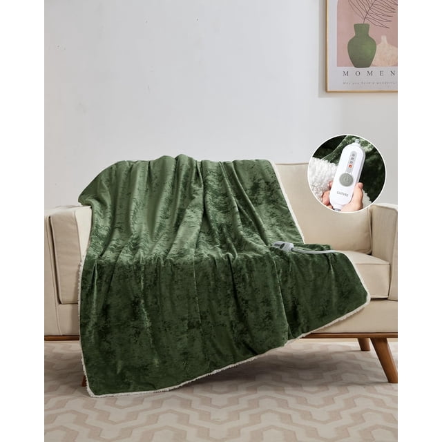 Biwat-Electric Blanket Throw, Heated Throw Blanket, Velvet Luxury Soft Fasting Heating Blankets, 4 Heat Levels & 4H Auto Off, ETL Certified, Machine Washable, 50" ×60" Green
