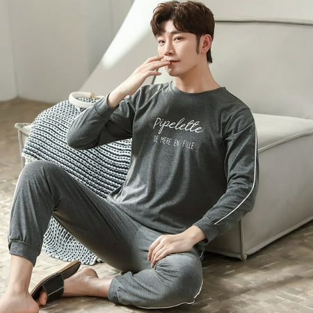 

DanceeMangoo Mens Pajamas Set Autumn Winter Leisure Elastic Waist Men Sleepwear Set Cotton Mens Long Sleeve Nightwear Loose Homewear Cloth