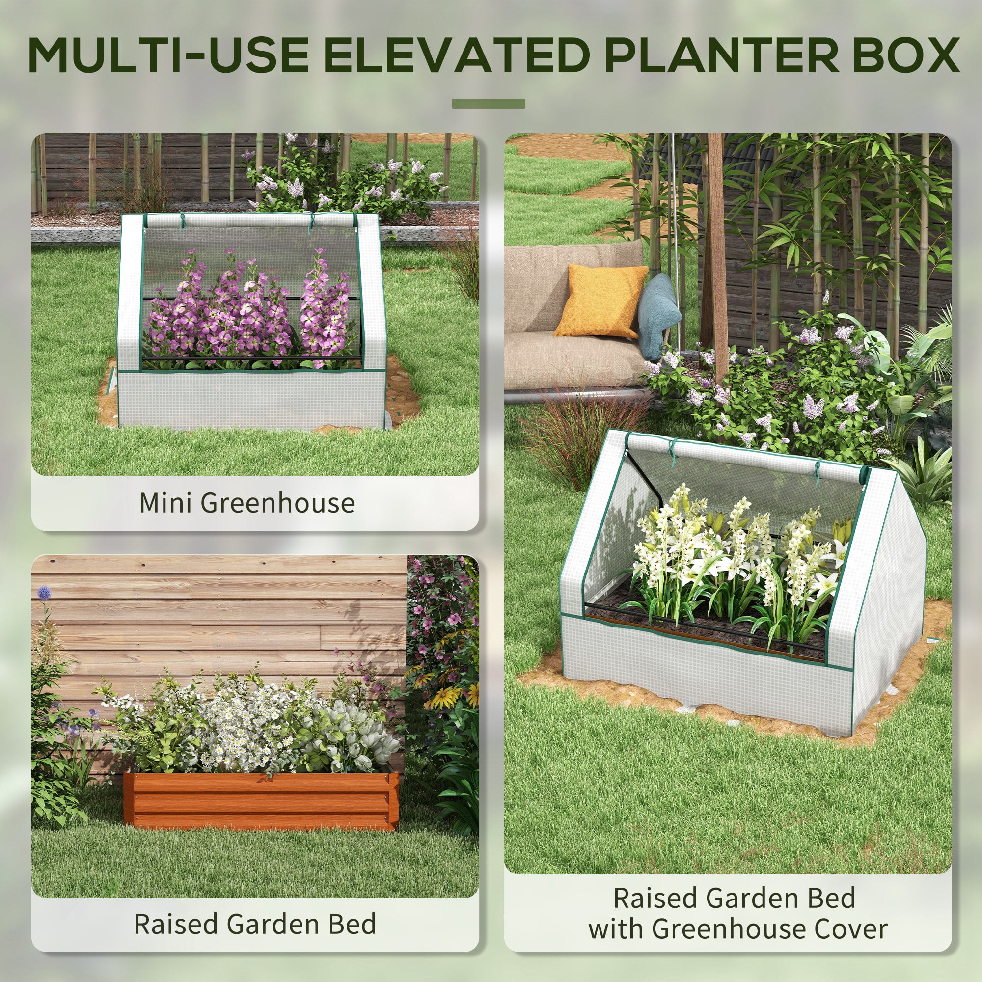 Outsunny Raised Garden Bed with Small Greenhouse, White and Brown