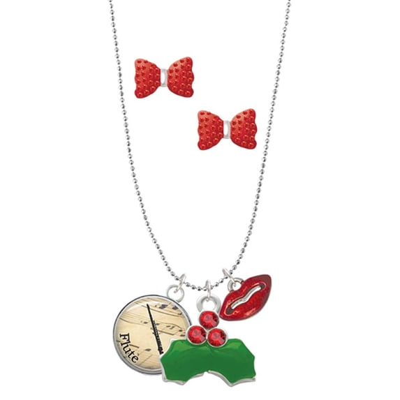 Delight Jewelry Silvertone Domed Music - Flute Christmas Kiss Charm Necklace and Stud Earrings