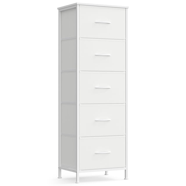 Cómoda SONGMICS para Dormitorio, Cajonera de Acero y MDF, 5 Cajones de Tela No Tejida, Organizador de Almacenamiento, Armario, Entrada, Blanco Nube y Blanco Nieve ULGS315W01S