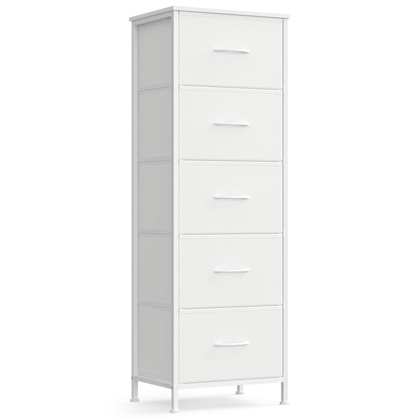 Cómoda SONGMICS para Dormitorio, Cajonera de Acero y MDF, 5 Cajones de Tela No Tejida, Organizador de Almacenamiento, Armario, Entrada, Blanco Nube y Blanco Nieve ULGS315W01S