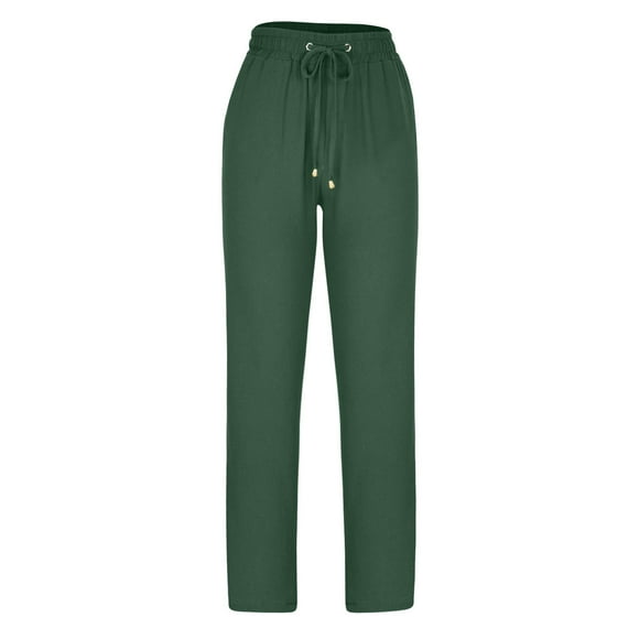 Pantalon Jambe Grand pour Femmes Grande Taille Décontracté Couleur Unie Confortable Taille Mi-Haute Pantalon pour Femmes Mode Coupe Ample Quotidien à Cordon Lin et Coton Léger Fête Vacances Plage Pantalon (Vert, 3TG)