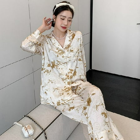 

DanceeMangoo Spring Summer Ladies Faux Silk Pajama Sets Sexy Homewear Clothes Womens Casual Luxury Pajamas Thin Female Sleepwear Set