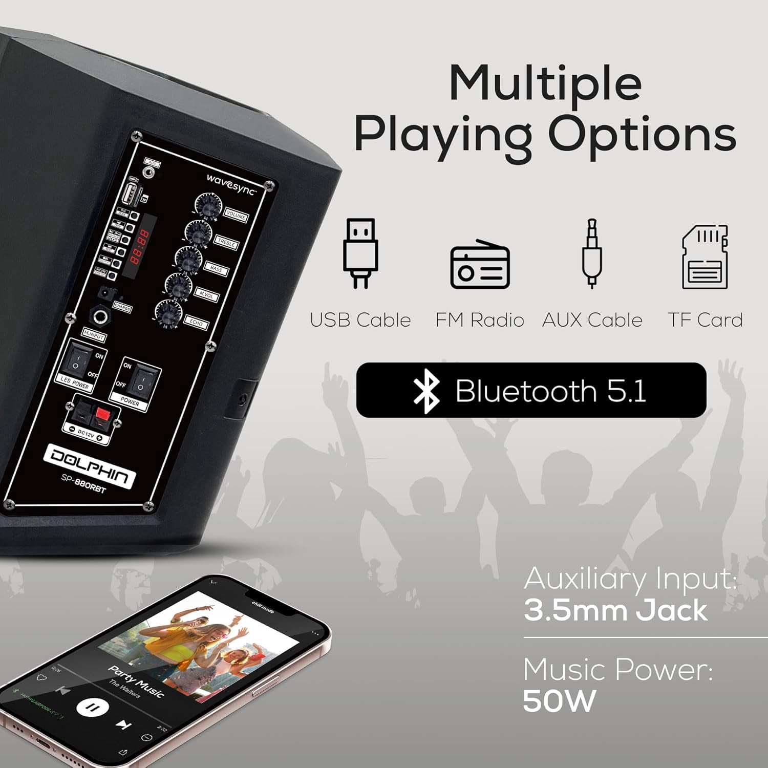 Dolphin Audio SP-880RBT Rechargeable 8-In. Portable Bluetooth Party Speaker with Tilt Function, LED Light Ring, Wireless Microphone, and Remote, SP-880RBT