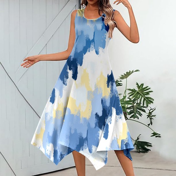 WILLBEST Vestidos de Lino para Mujer, Vestido Informal de Verano con Estampado Floral, sin Mangas, con Dobladillo de Pañuelo, Maxivestido sin Mangas con Bolsillos, Vestido de Playa Extra Grande