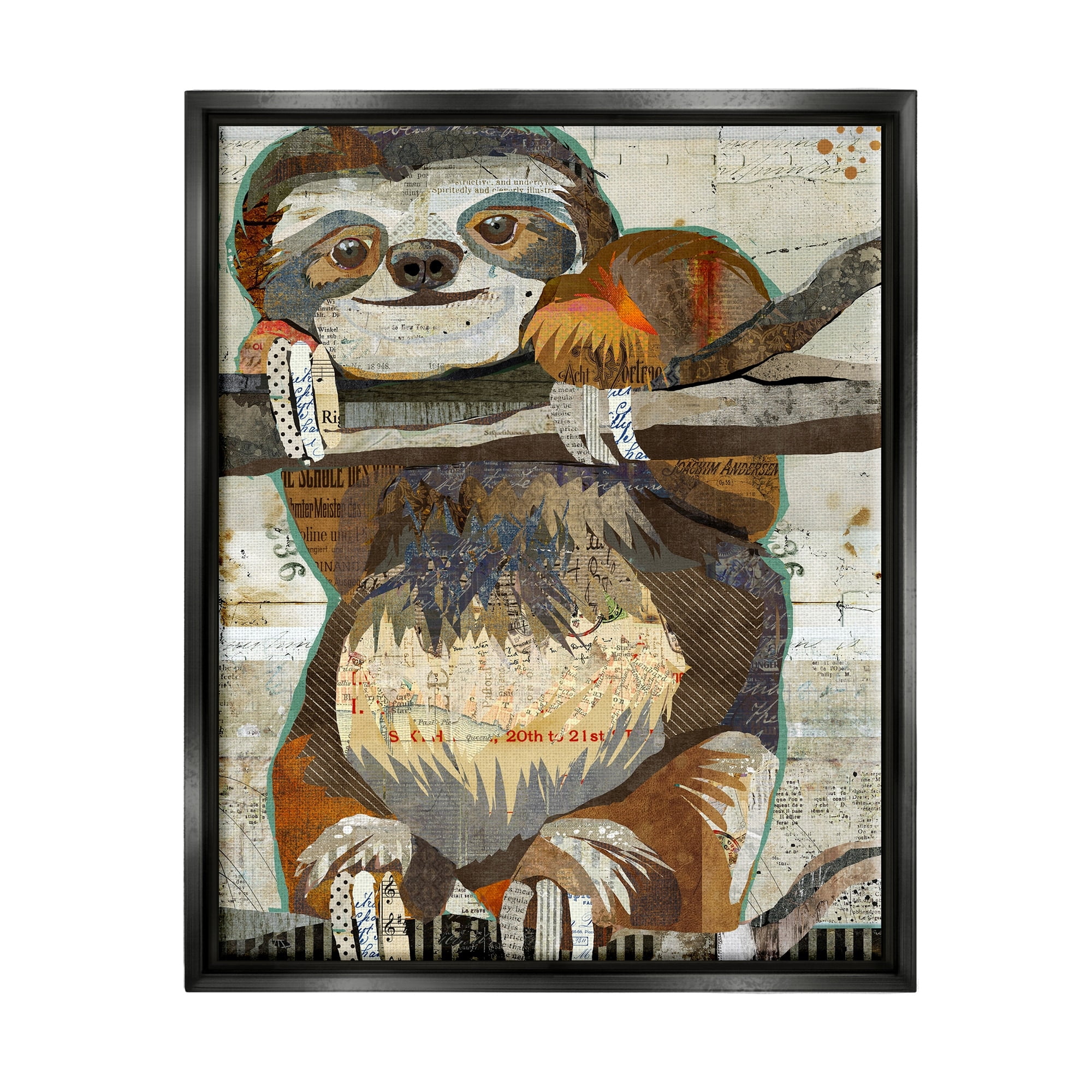 Stupell Industries Smiling Sloth Patchwork Collage Jungle Animal Portrait Graphic Art Metallic Gold Floating Framed Canvas Print Wall Art, Design by Traci Anderson