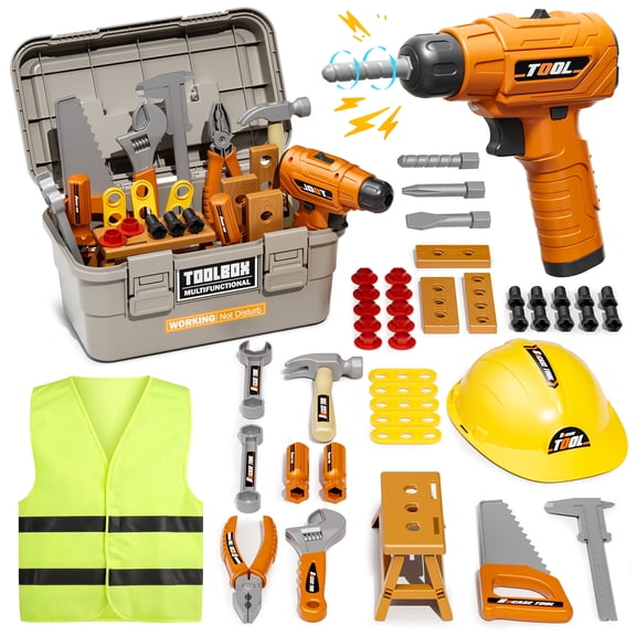 WonderStone 47 Pcs Kids Tool Box Set with Electric Toy Drill & Helmet, Pretend Play Toys with Worker Costume, Construction Toy Gift for Toddler Boys and Girls Ages 3–8