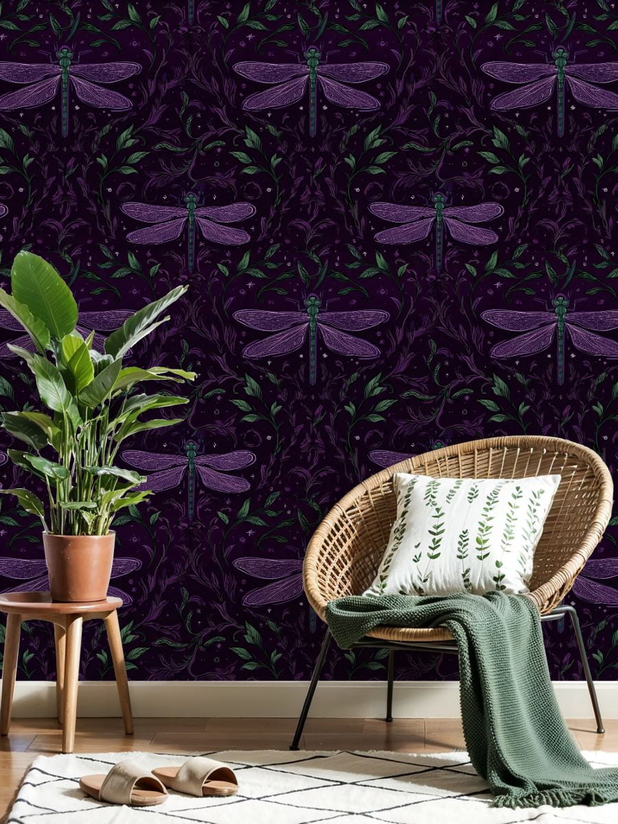 Peel and Stick Wallpaper Dragonfly Botanical Purple Night Foliage Hand Drawn Wall Mural 17.7in x 9.8ft Self Adhesive Removable Wall Paper Renter Friendly Wallpaper for Nursery Bedroom Cabinets