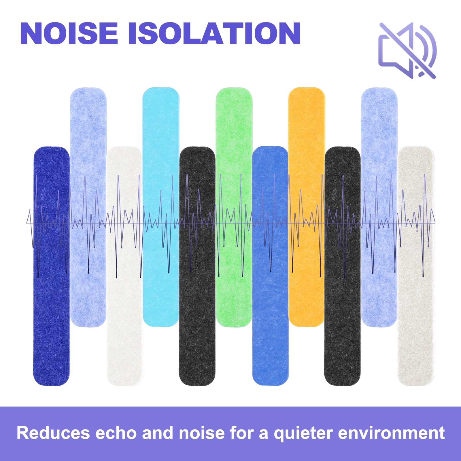 Uxcell 12 Pcs B1 Rectangle Acoustic Panels 12.99'' x 2.01'' with Push Pins Dark Blue Sky Blue Blue Light Blue