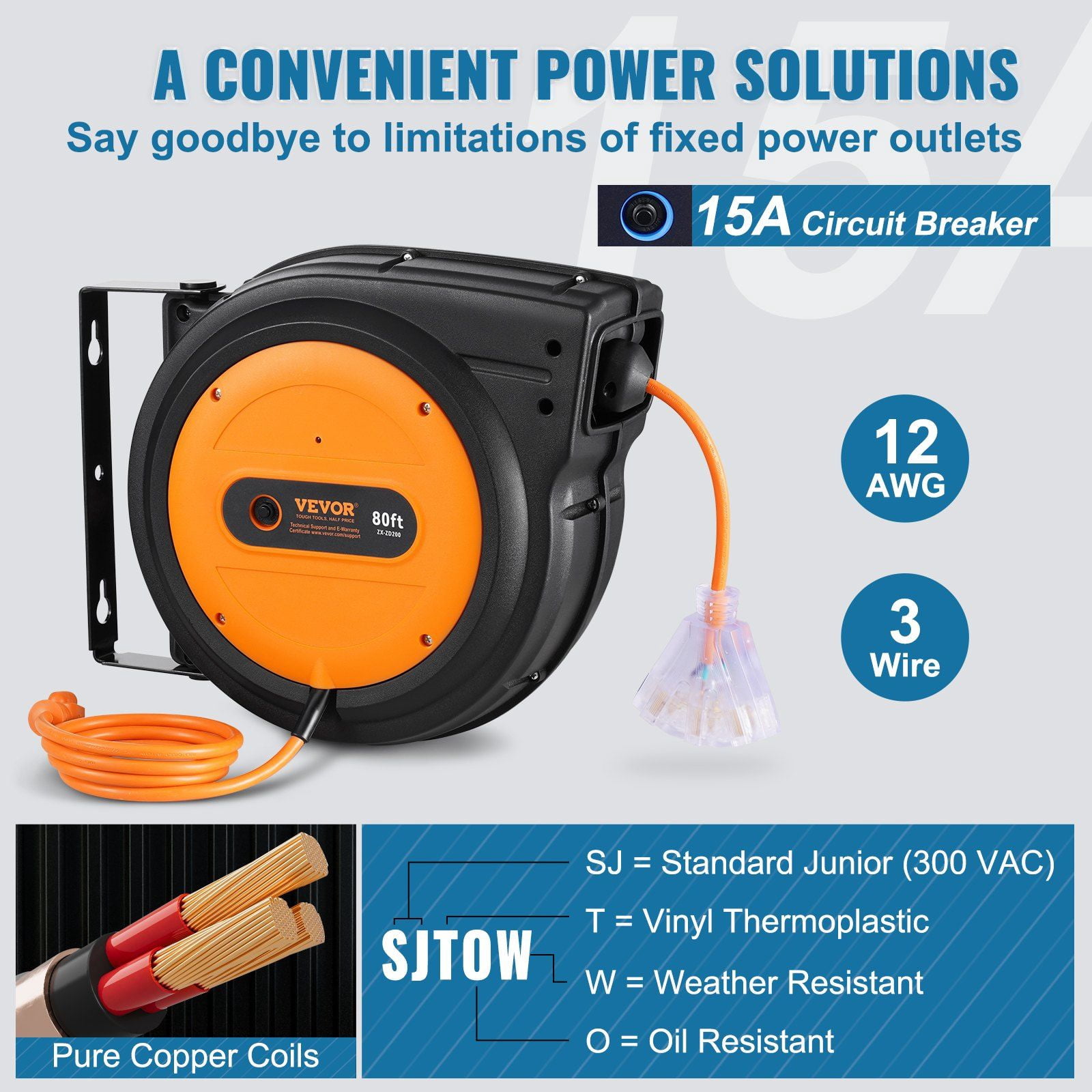 Heavy Duty Retractable Extension Cord Reel 80FT 12 Gauge 3C SJTOW for Workshop and Outdoor