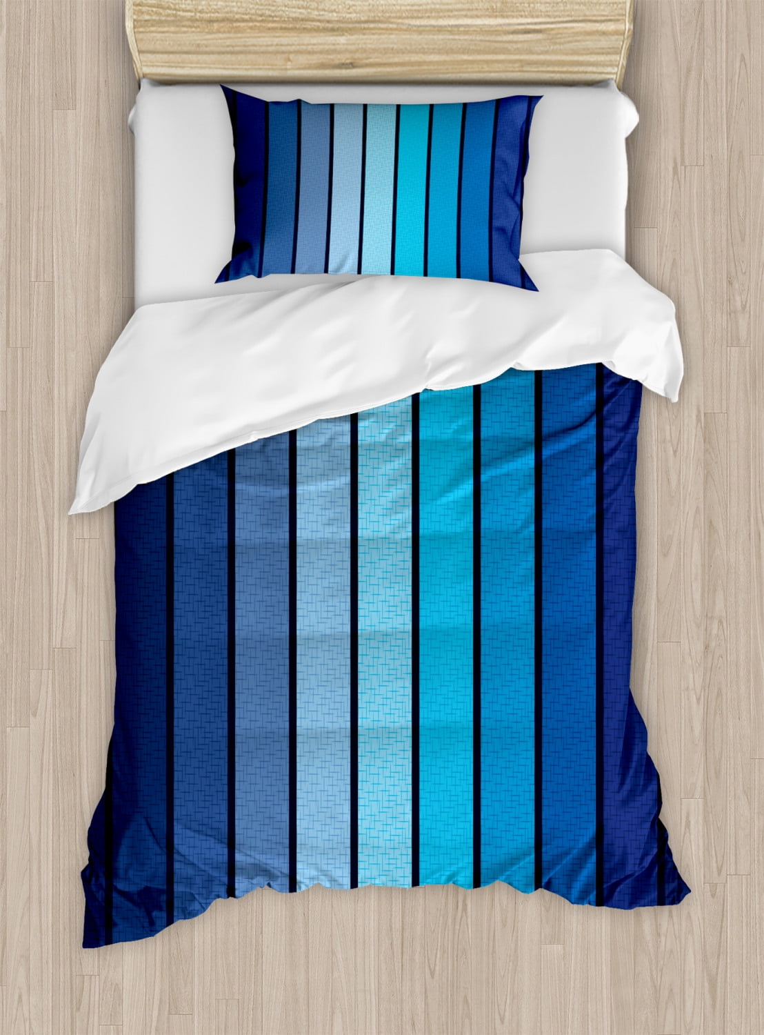 Navy Duvet Cover Set, Plaques in Blue Tones with Border Lines with