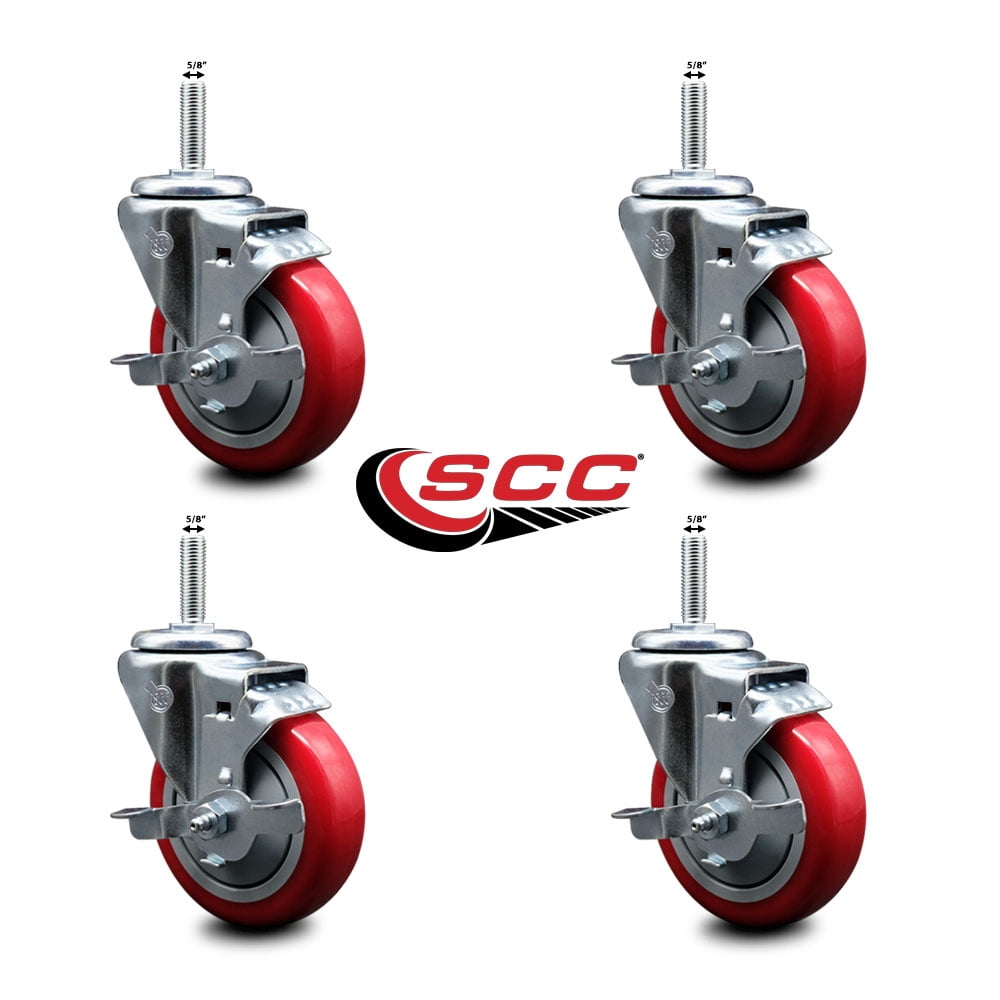 4 Inch Red Poly Wheel Swivel 5/8 Inch Threaded Stem Caster Set with Brake
