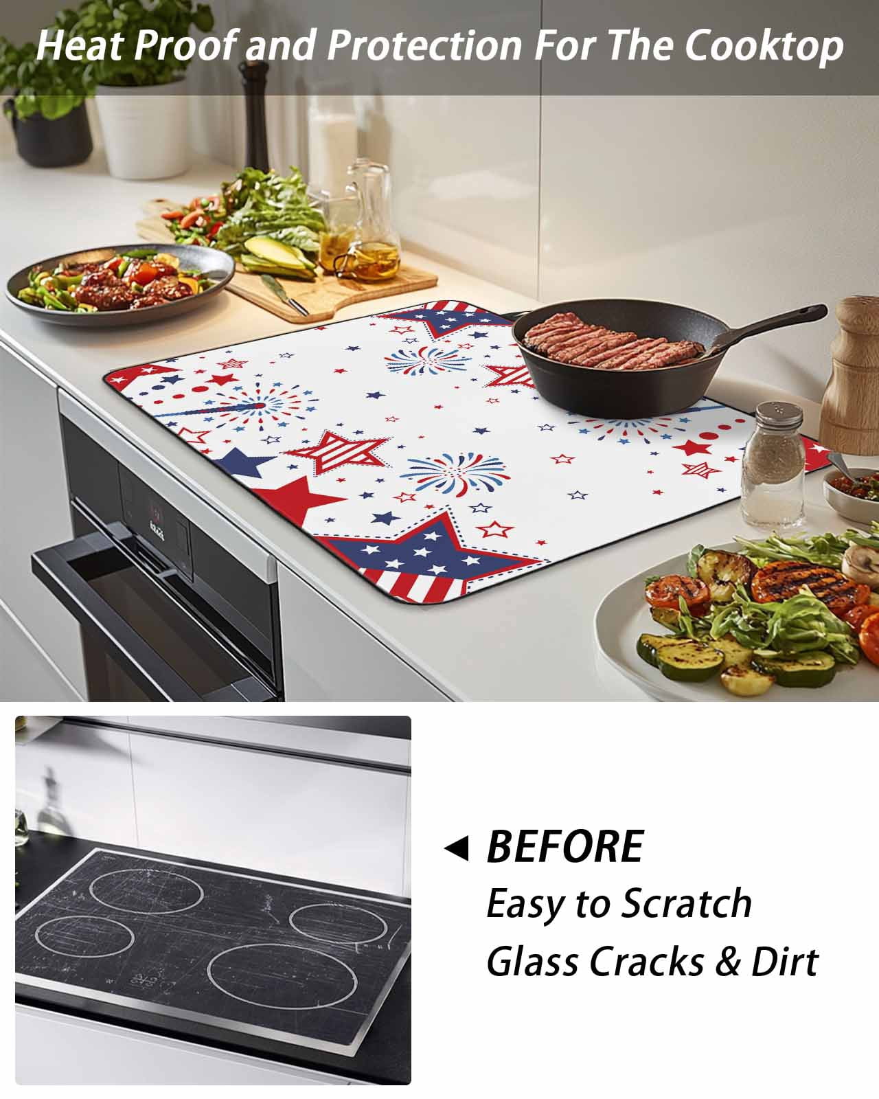 Stove Top Covers for Electric Stove, Red Blue Star 4th of July Glass Stovetop Cover Protector, Independence Day Fireworks Induction Cooktop Protector Oven Mat for Kitchen Countertop 24"x21"