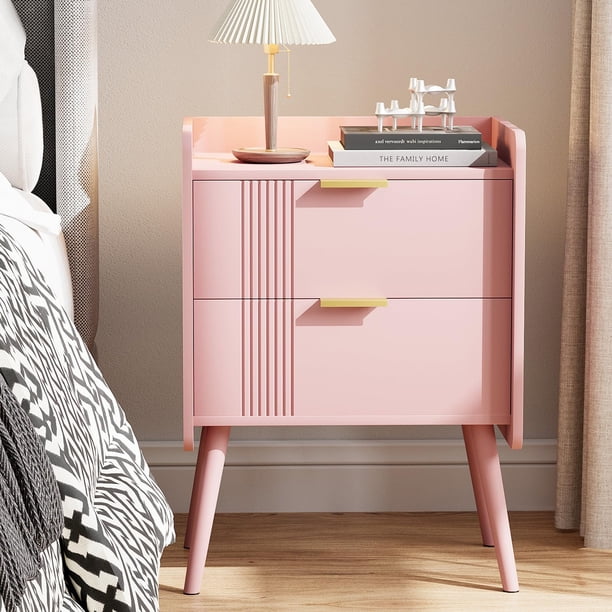 Mesa de noche moderna Aenuert con 2 cajones de almacenamiento, pequeña mesa de noche, mesa lateral de madera para sofá para dormitorio, estudio y espacios pequeños (Rosa)