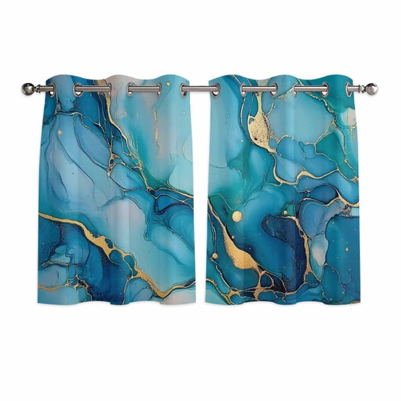 Modern Turquoise Kitchen Curtains Short 45 Inch Length, Abstract Teal Gold Marble Textured Grommet Top Bedroom Living Room Curtains, Light Filtering Cafe Curtain Drapes 2 Panels Set 84''x45''