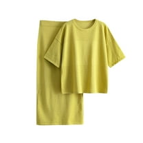 EINCcm Women's 2 Piece Outfits Set Short Sleeve Crew Neck Hollow Pullover Knit Tops with Bodycon Midi Skirt Fall Dress Sweater Set