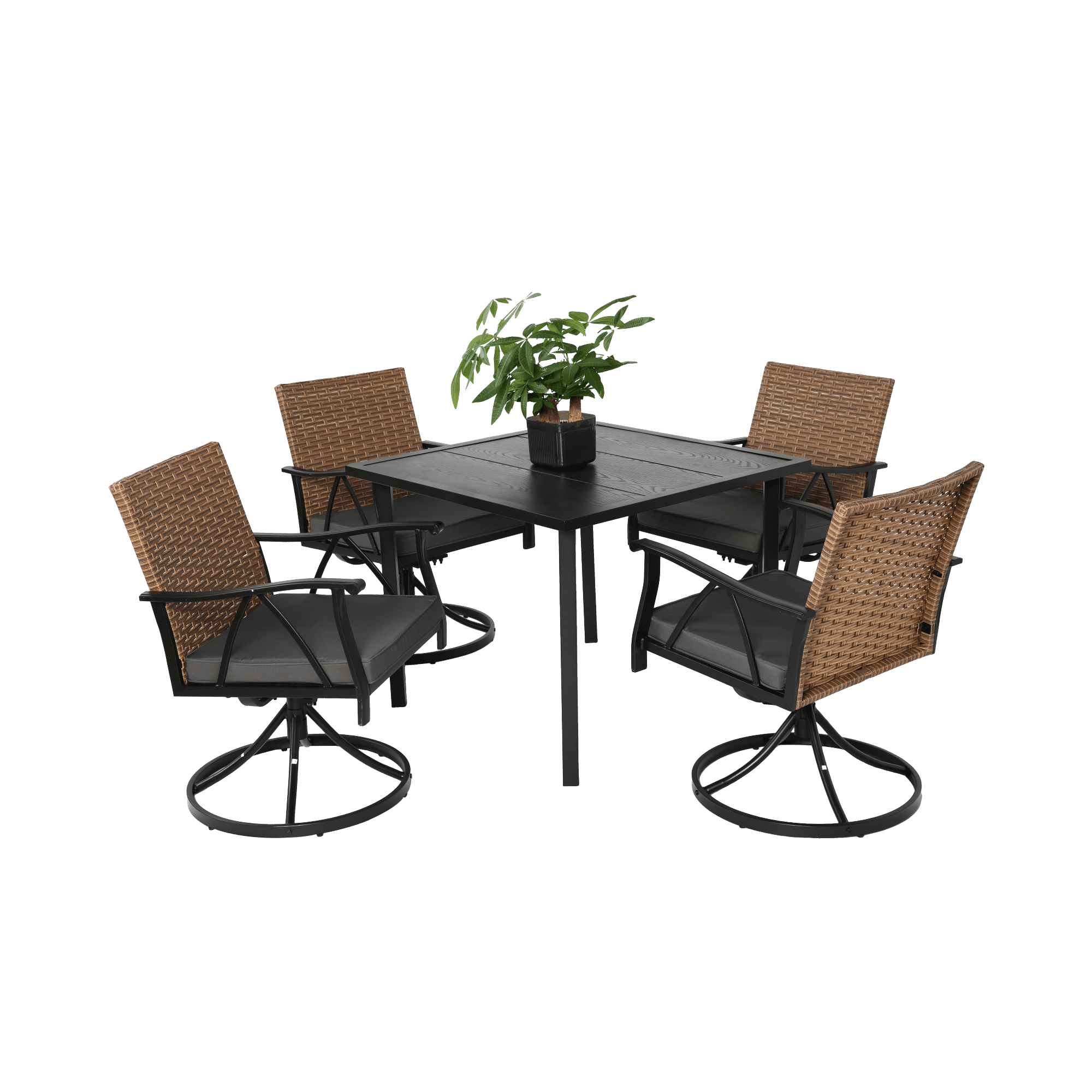 5 Piece Patio Dining Set,Outdoor Wicker Furniture Set with 4 Cushions Swivel Rocker Chairs,Steel Table Top,Removable Cushions for Backyard Garden Deck Poolside,Brown+Gray