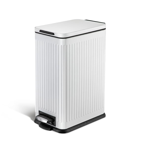 Home Zone Living 4 Gallon Slim Stainless Steel Kitchen Trash Can with Reeded Pattern, Step Pedal and Soft Close Lid, White