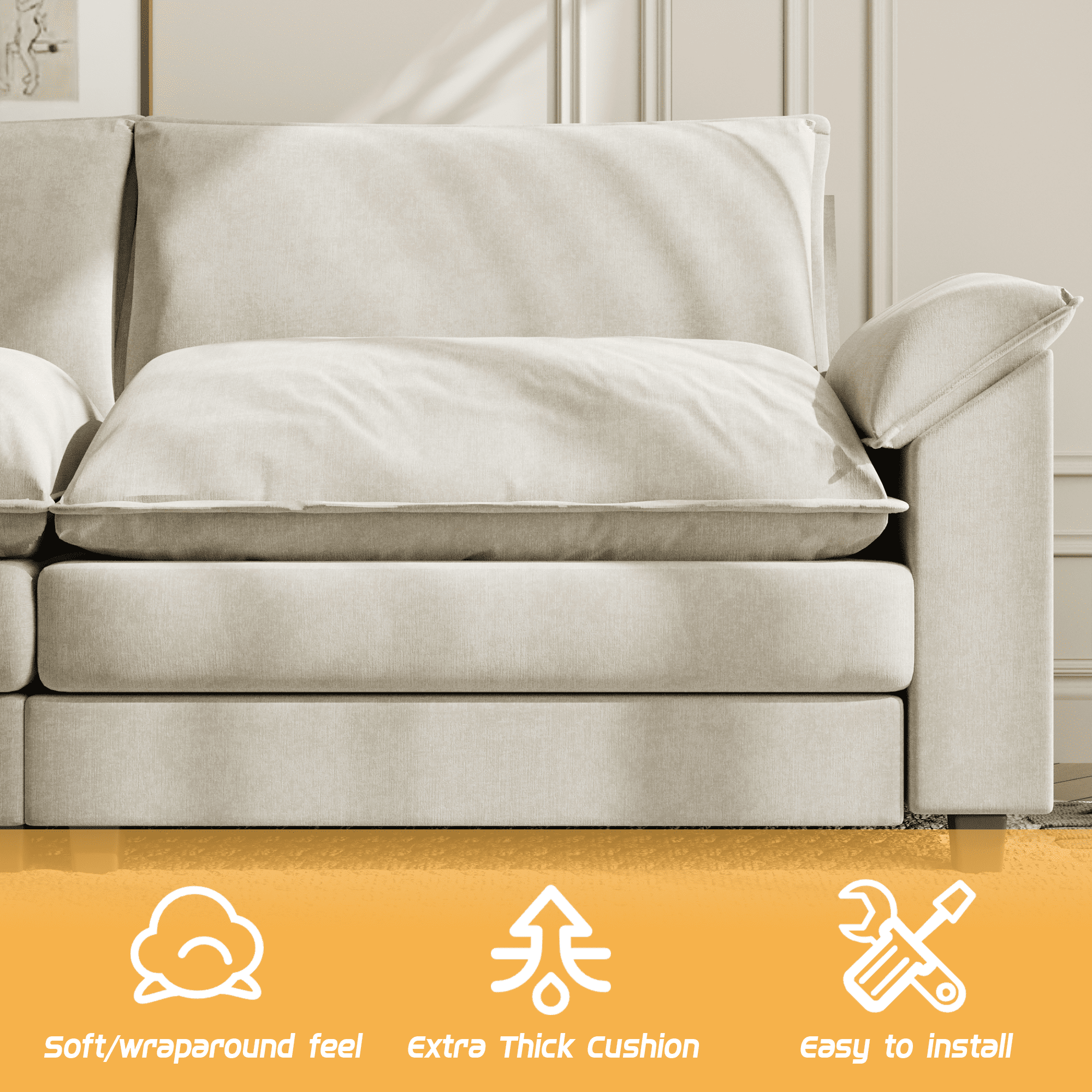 Homall 3-seat L-shaped Cloud Couch Sectional Sofa with reversible toffee chair Movable Footrest Sofa, White