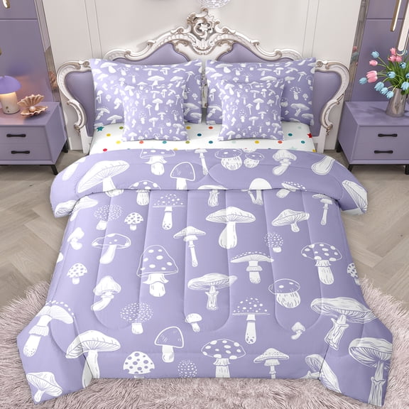 Feelyou Kawaii Mushroom Kids Bedding Comforter Set 7 Pieces, Jungle Plant Botanical Full Bedding Set, Dreamy Purple Cartoon Reversible Fitted Sheet Flat Sheet, Super Cozy Room Decor