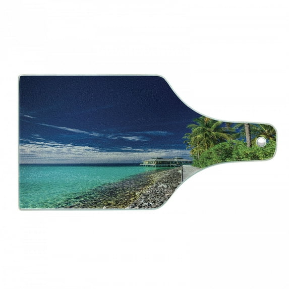 Ocean Cutting Board, Wooden Boardwalkt the Beach Palm Trees in Dark Sky Hawaiian Paradise Scene, Decorative Tempered Glass Cutting and Serving Board, Wine Bottle Shape, Turquoise Green, by Ambesonne