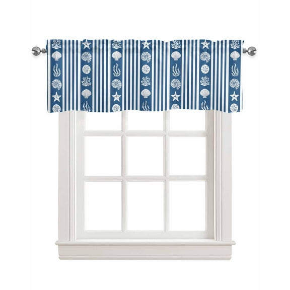 Navy Blue Coastal Linen Curtain Valance for Bedroom/Bathroom/Kitchen/Living/Dining Room Window,White Striped Starfish Shells Jellyfish Coral Pocket Topper Drapes Decorative Cafe Drapery 42"x12"