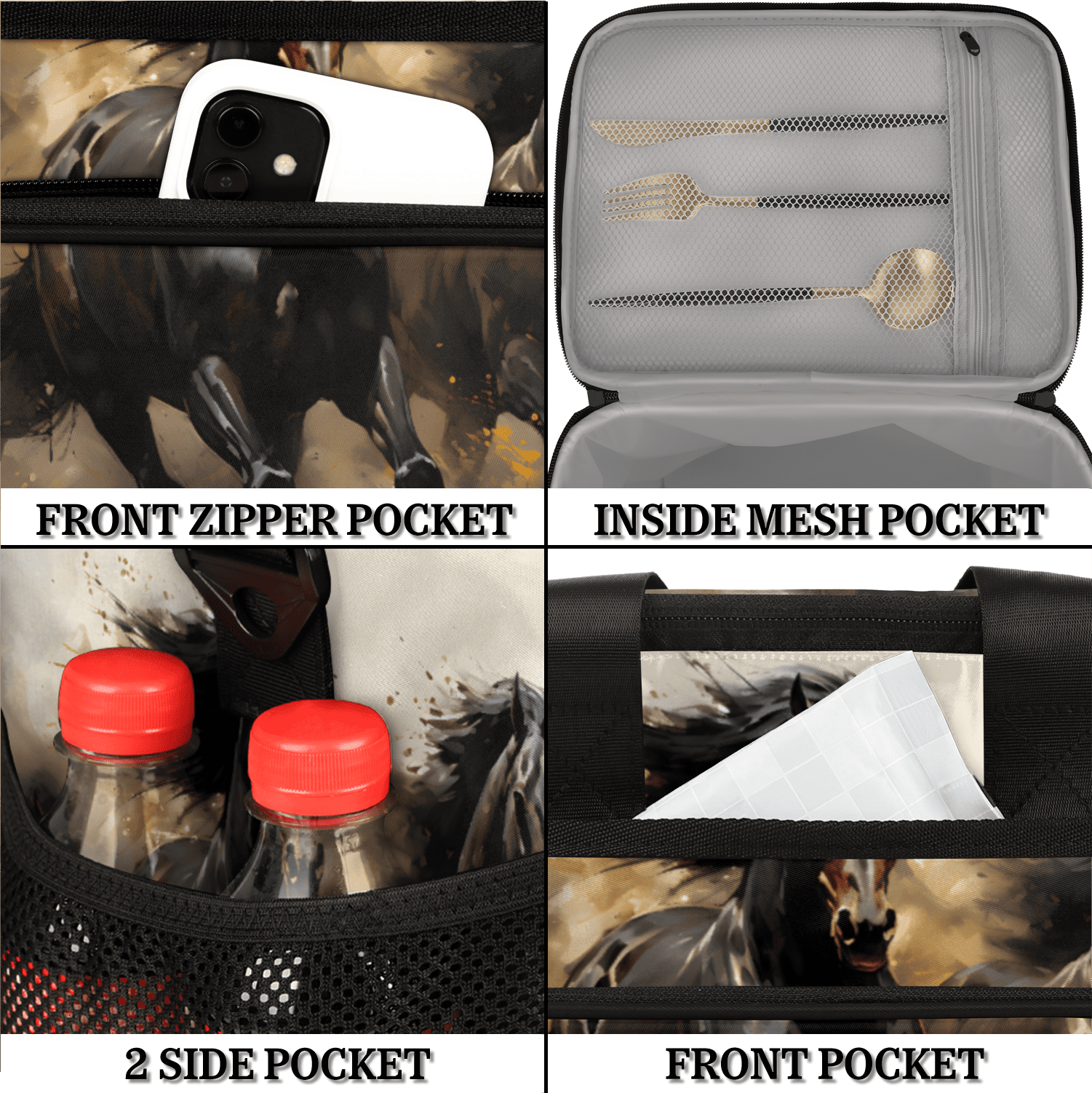 Herdesigns Horse Large Lunch Box for Adults Women Men with Adjustable Shoulder Strap, Insulated Reusable Lunch Bag Leakproof Cooler Tote Bag