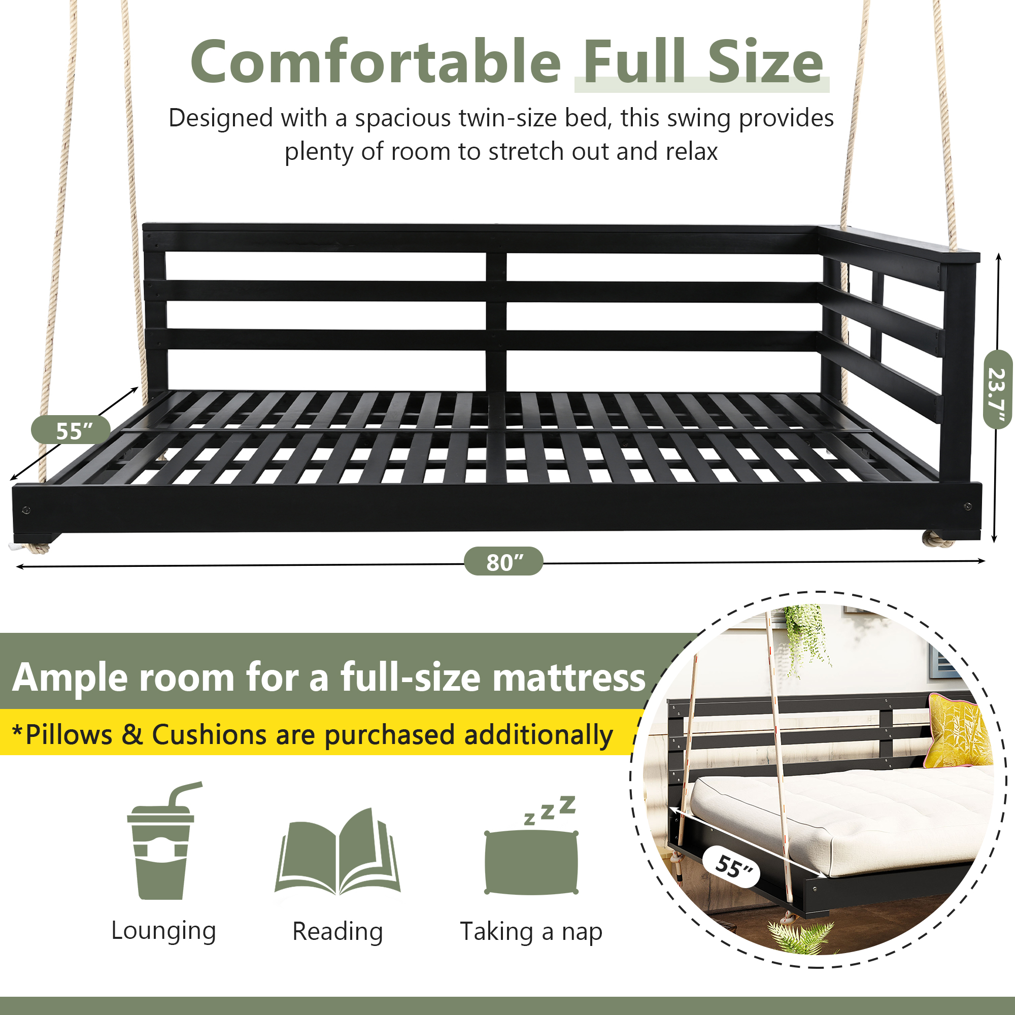 Euroco Acacia Wood Swing Bed with Hemp Rope Suspension, 350lbs Weight Capacity, Open-Side Minimalist Design, Easy Setup