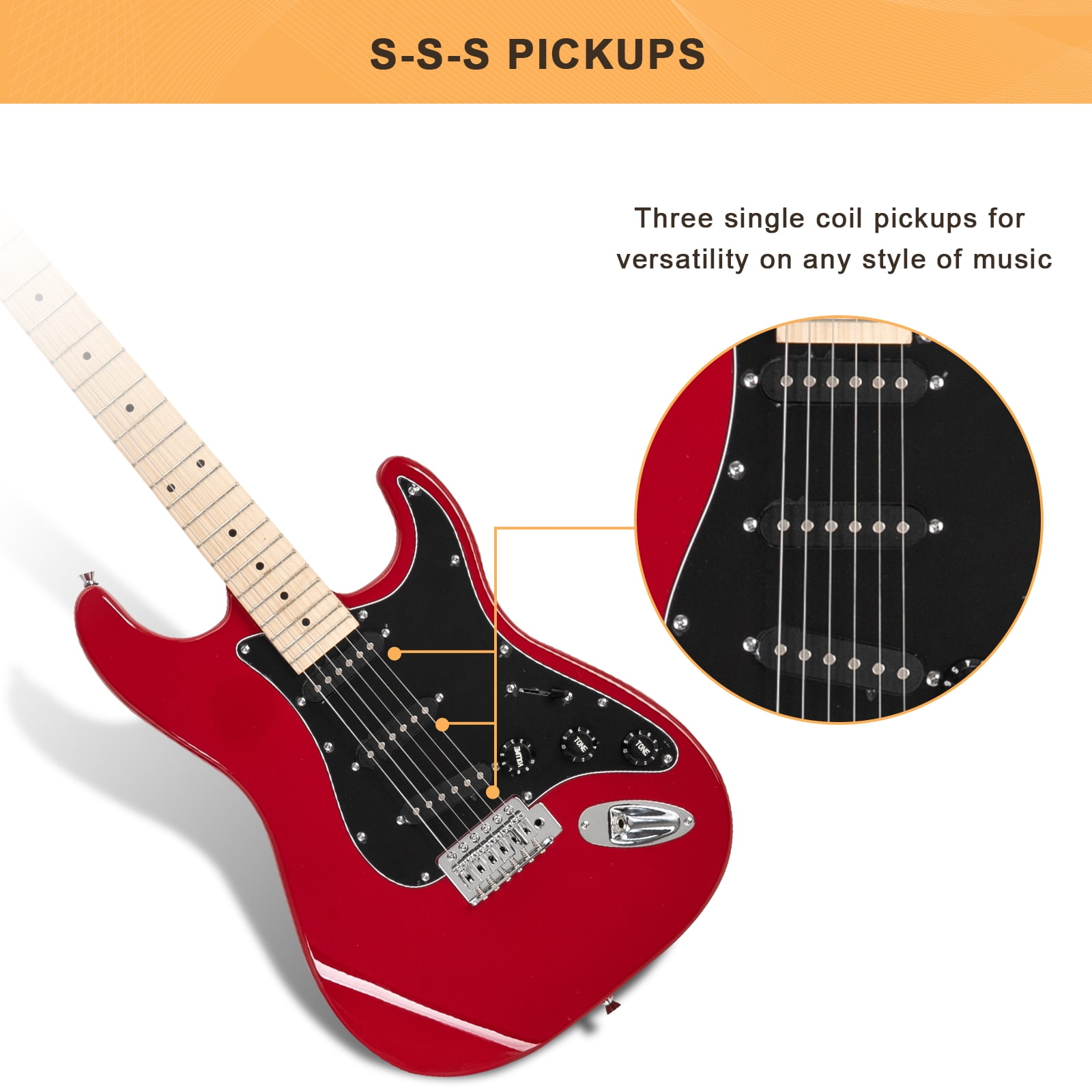 GLARRY Full Size Maple Electric Guitar with Amp and Case Beginner Red